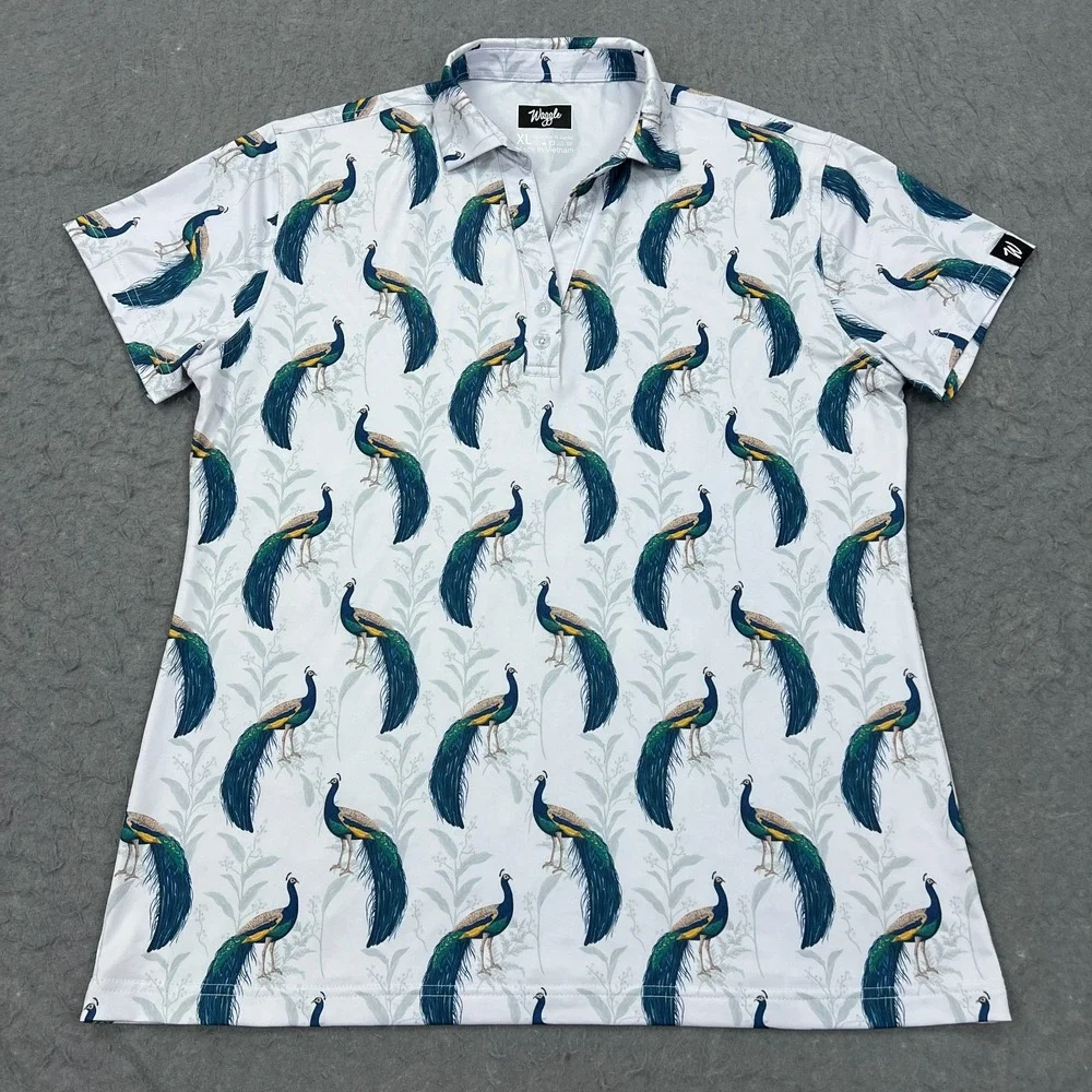 Waggle Polo Shirt Women's XL White Peacocking Bird AOP Golf Athletic Wicking Top - Picture 3 of 9